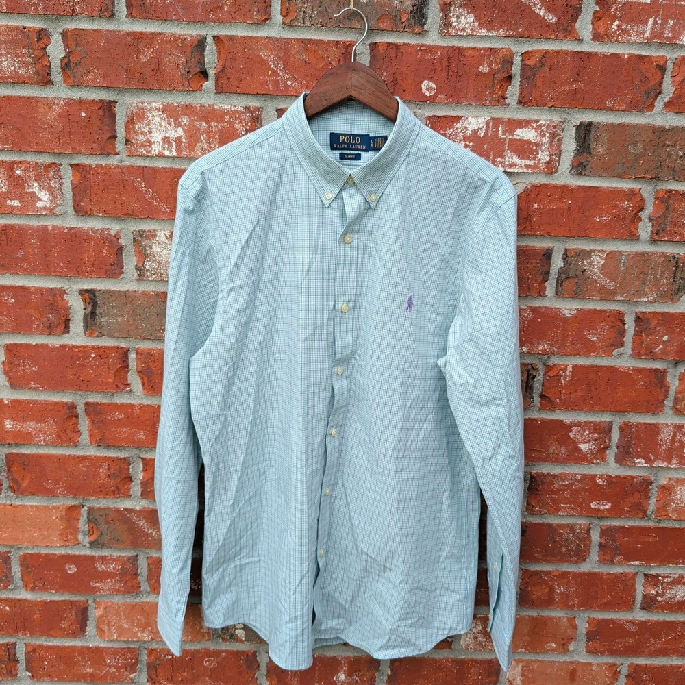 Polo Ralph Lauren Button Down Mens Large Green Slim Fit Tattersall Check Shirt